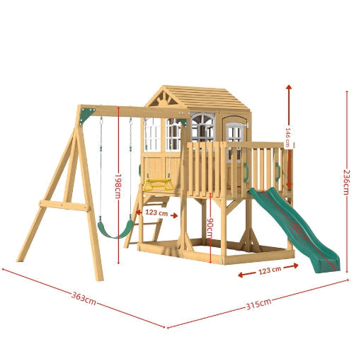 Aire de jeux enfant Montessori - 3 en 1 Balançoire, Toboggan, Cabane en bois modulable