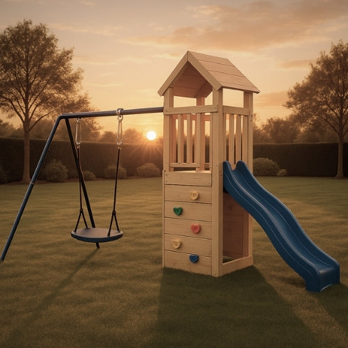 Aire de jeux extérieur en bois pour enfant 3-8 ans – Balançoire + Toboggan + Mur d’escalade - Livraison Rapide