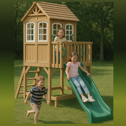 Aire de jeux enfant Montessori - 3 en 1 Balançoire, Toboggan, Cabane en bois modulable